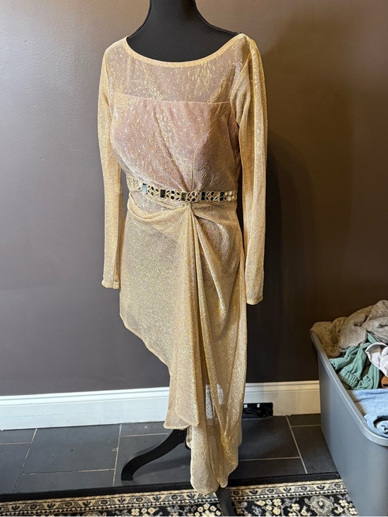 Ethnic Indian Wear Dresses & Skirts - Indian/Pakistani Wear Gold Long-Sleeve Draped Evening Dress and pants
